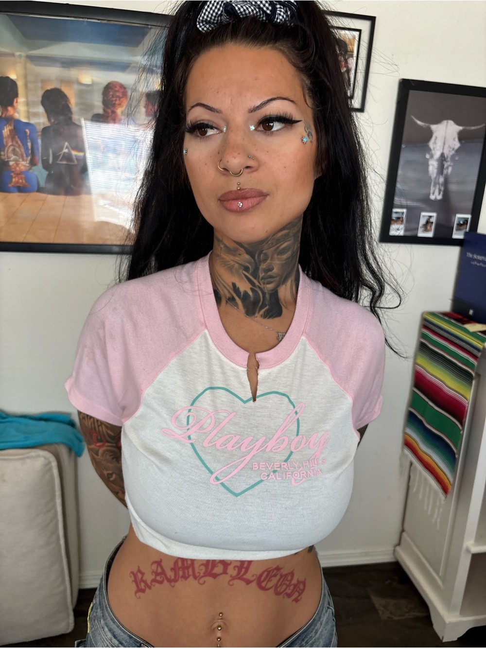PLAYBOY Pink & White Cropped Raglan Graphic Tee